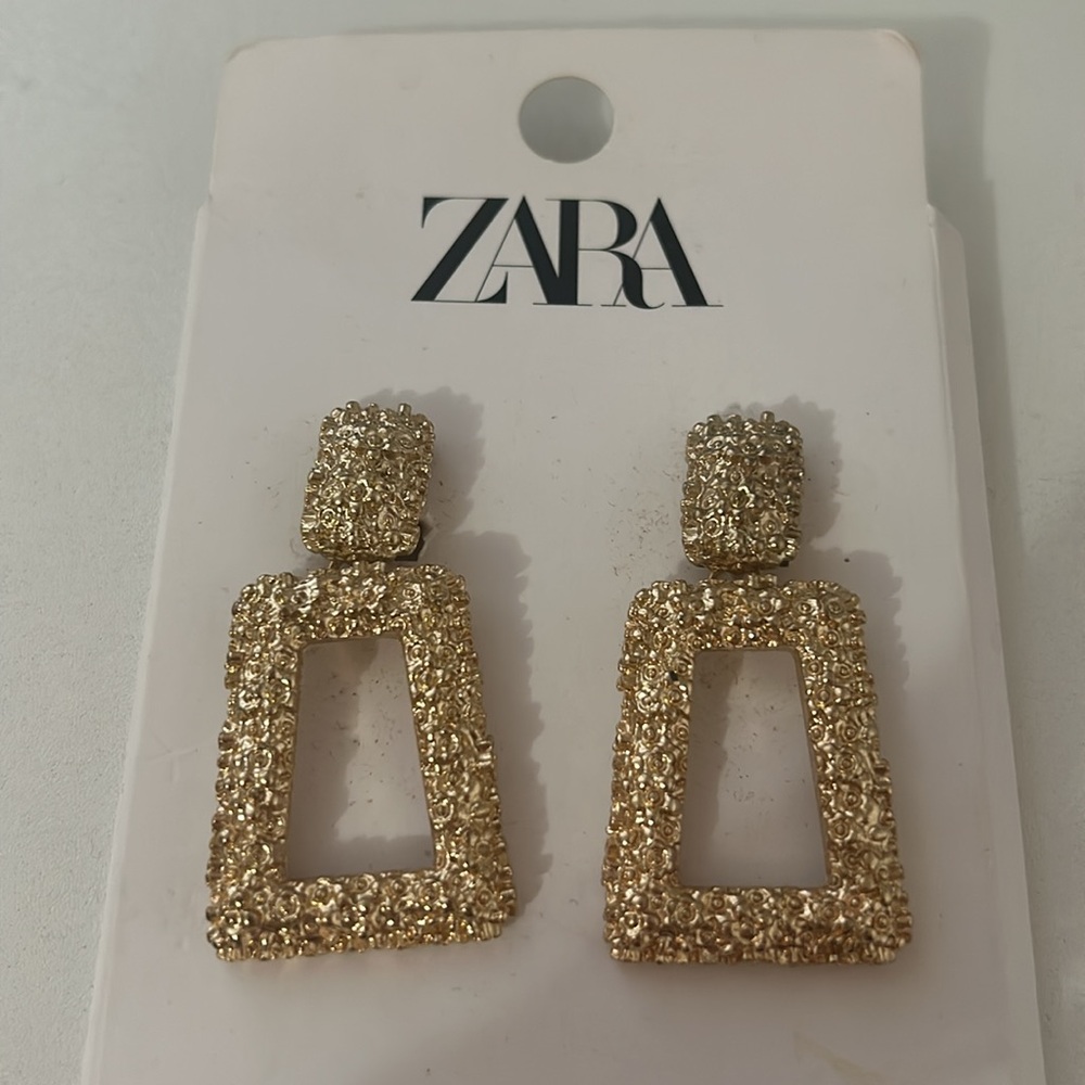 Zara Gold Textured Rectangle Drop Earrings Statement Jewelry